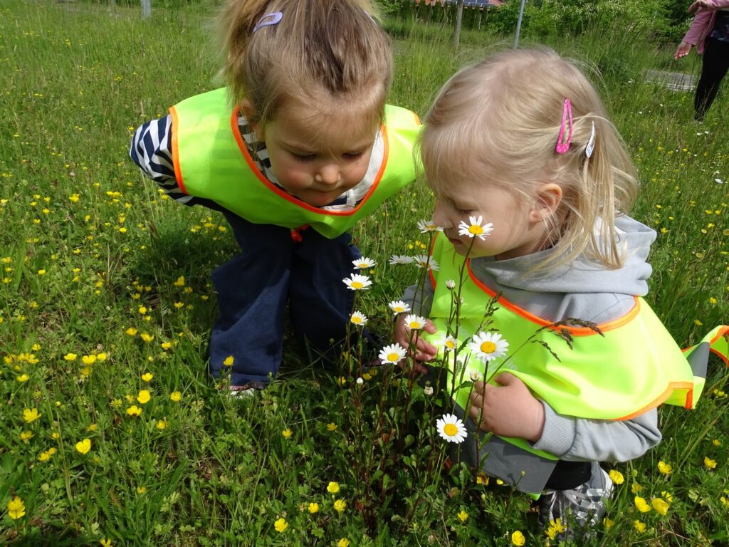 Dziewczynki wąchają kwiaty