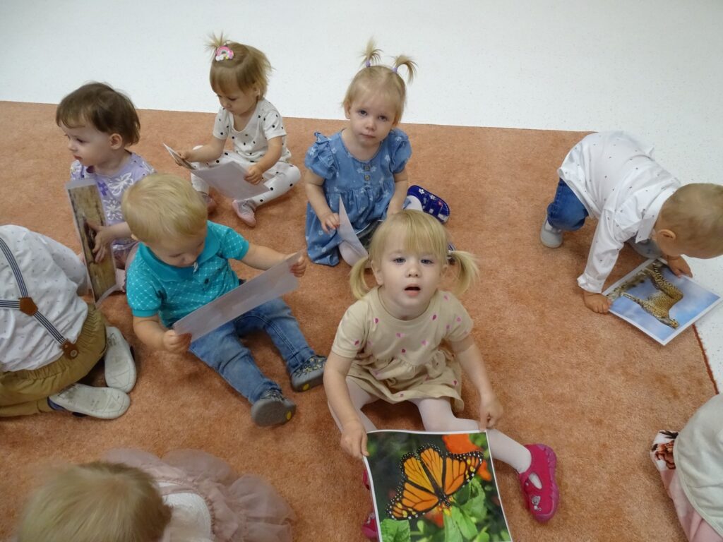 Dzieci oglądają obrazki zwierząt