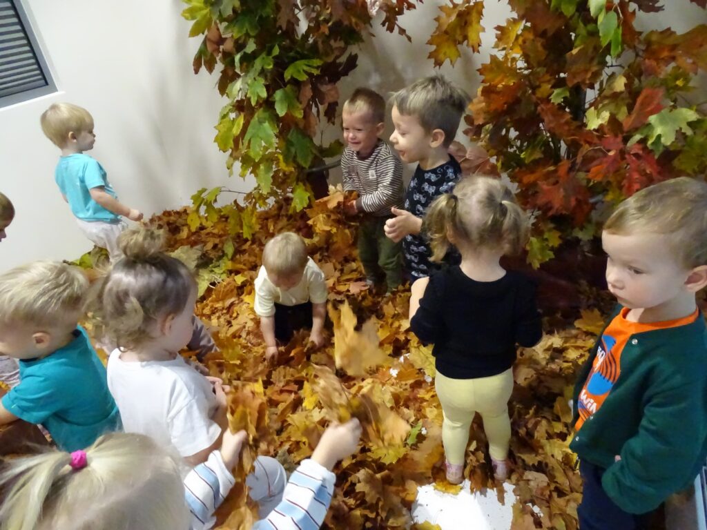 Dzieci bawią się jesiennymi listkami
