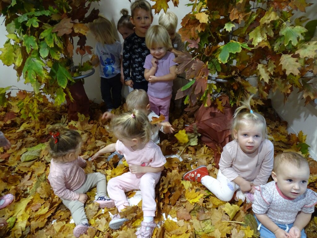 Dzieci wśród liści pozują do zdjęcia