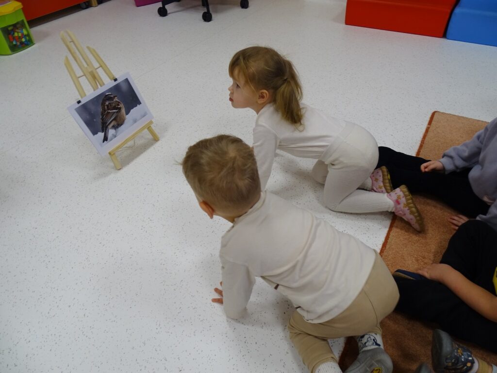 Dzieci oglądają zdjęcie ptaszka