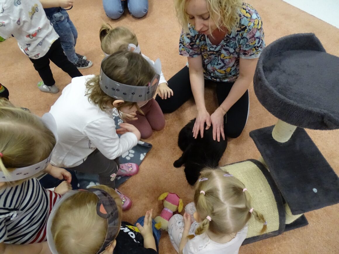 Dzieci głaszczą kotka